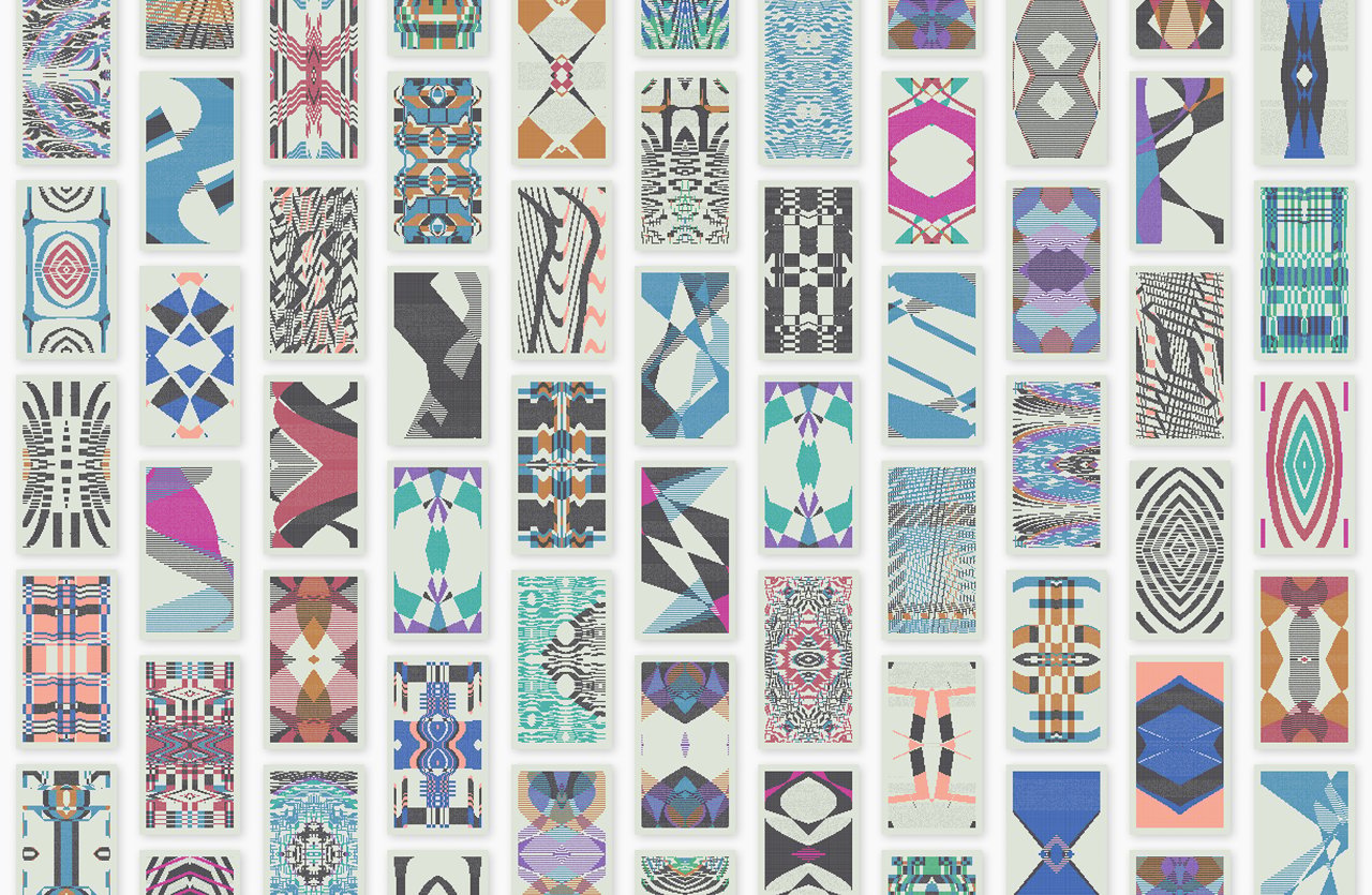 Rows of Quine outputs, colored geometric patterns on pale tiles