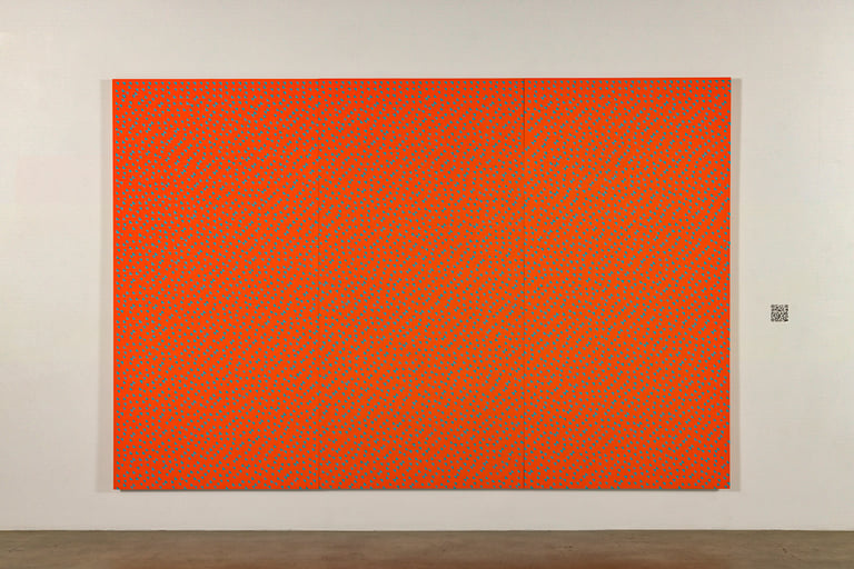 Daniel Temkin, Right-Triangular Dither 1, 15% Teal, 2021. Acrylic on panel, and NFT .GIF file. Photography by Jeff Mclane. Courtesy of Honor Fraser Gallery, Los Angeles.