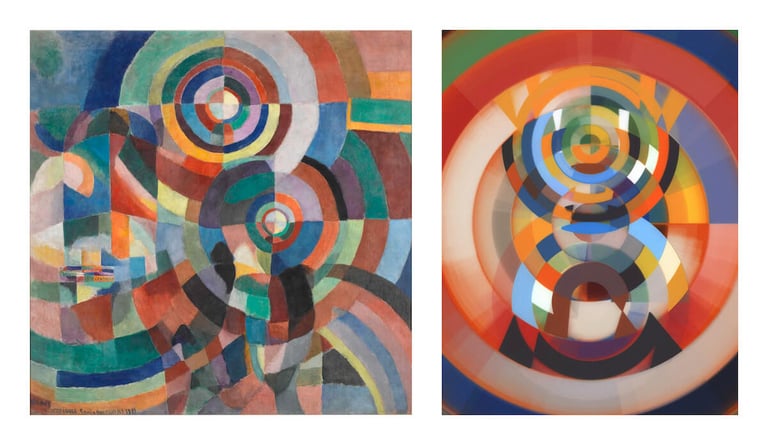 Left: Sonia Delauney, Prismes électriques, 1914. Right: Marcelo Soria-Rodriguez, Entretiempos #596, “reveal” version, 2022