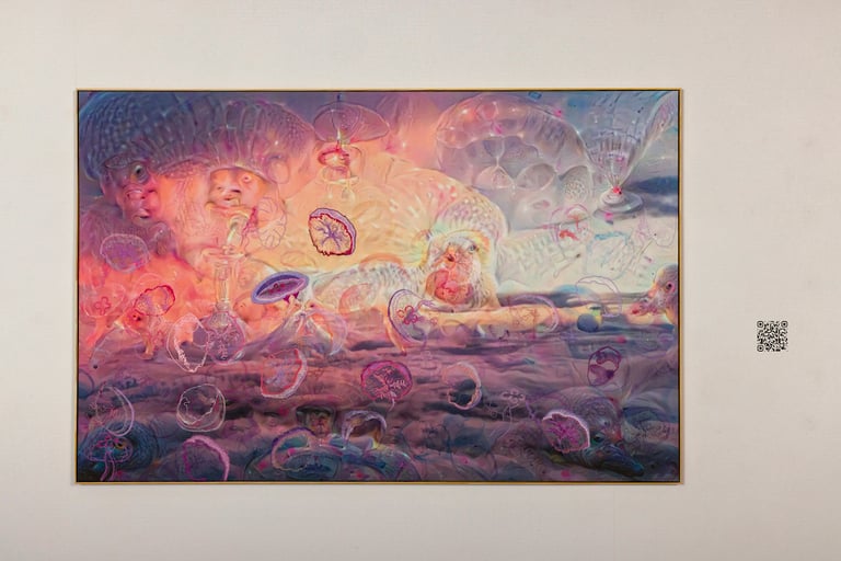 Gretta Louw, Purity is Impossible in a Porous World, 2021, Digital and hand embroidery, digital print, watercolor on linen, and NFT .MP3 file. Photography by Jeff Mclane. Courtesy of Honor Fraser Gallery, Los Angeles.
