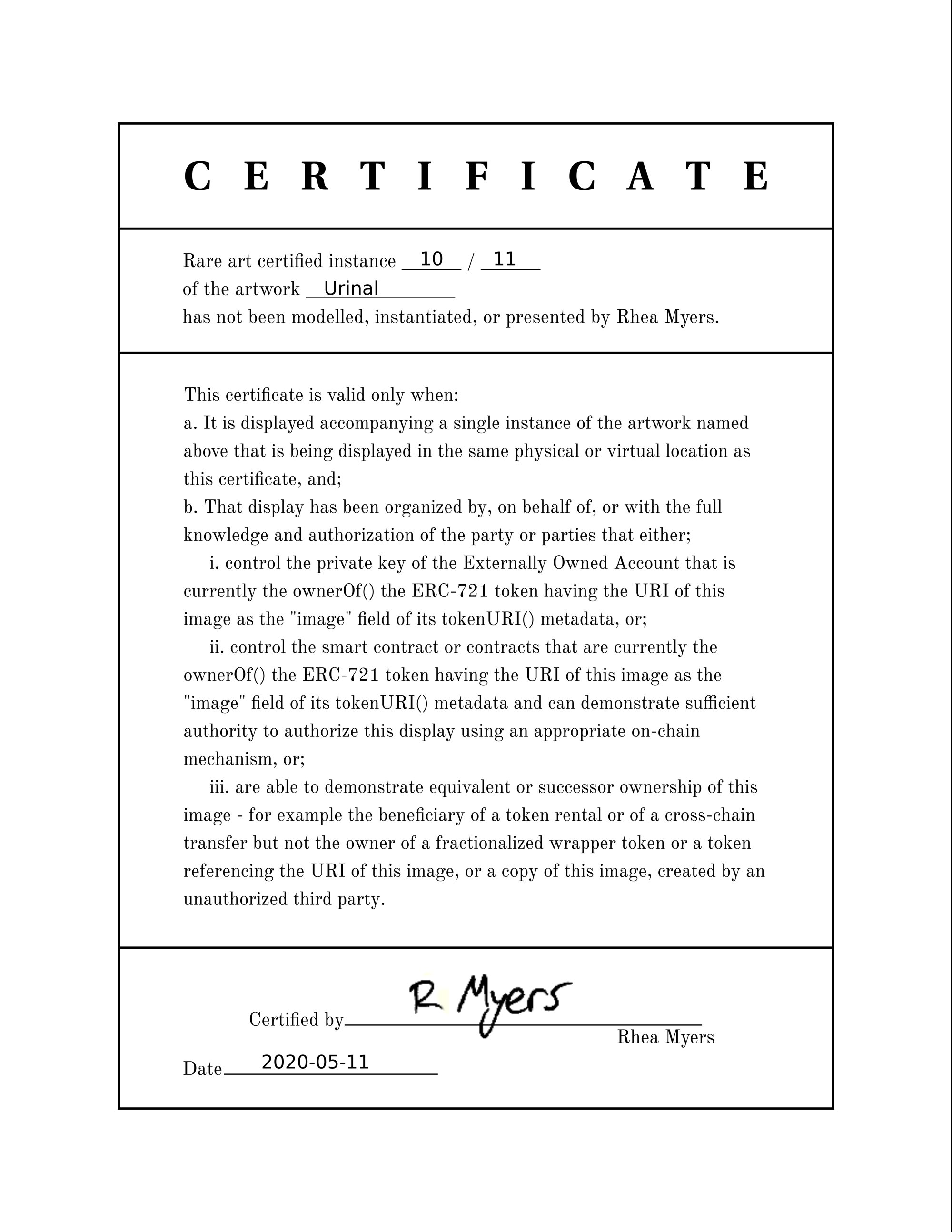 Rhea Myers, Certificate of Inauthenticity (Urinal 10/11), 2020. Courtesy of the artist