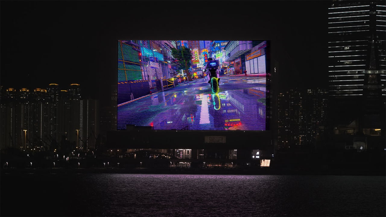 Ayoung Kim, Dancer in the Mirror Field (2025). Screening on the M+ Facade, Commissioned by M+ and Powerhouse, and presented by Julius Baer. Image courtesy of M+, Hong Kong