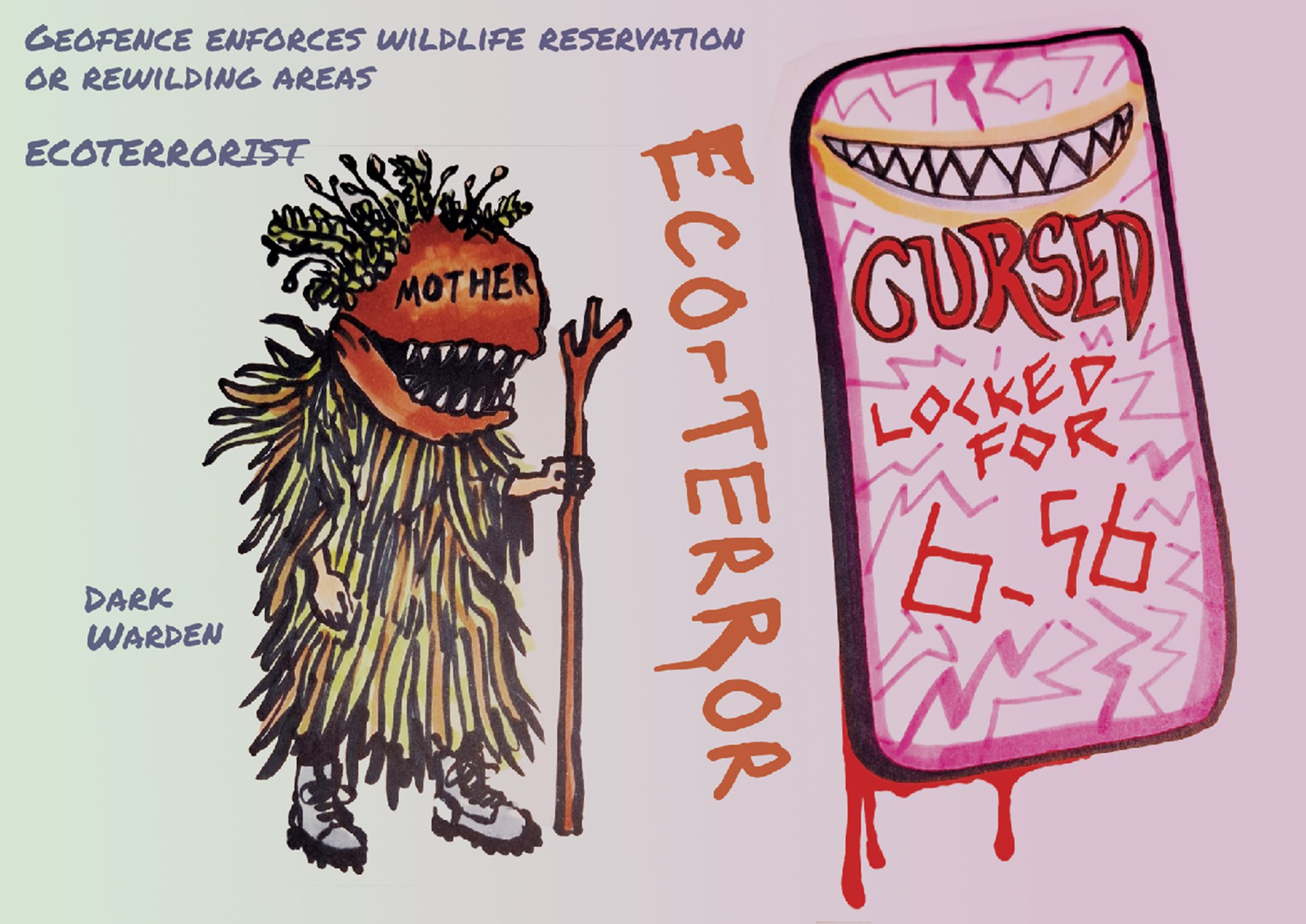 Credit: Alistair Gentry, Eco-Terror, 2026. From Folk Heroes of the Pre-Apocalypse character sketches. Courtesy of the Gentry family