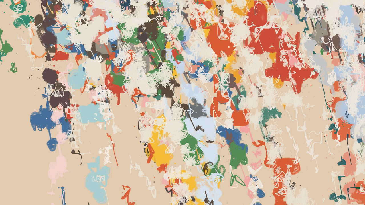 Detail from From Noise: dense clusters of colored gestural marks and white scribbles on a tan ground