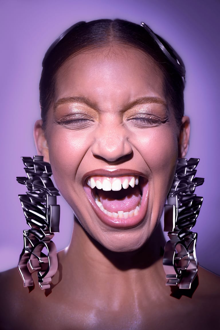 Model wearing Bullish earrings from The Fabricant’s digital accessories collection, 2023. Courtesy of The Fabricant
