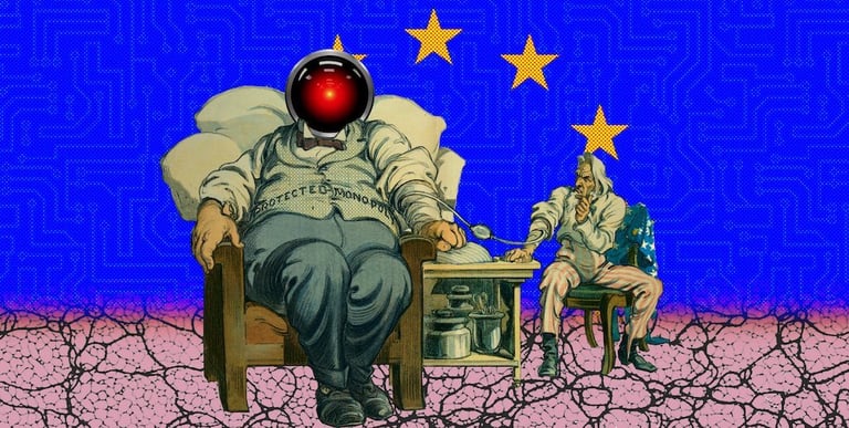 Cory Doctorow, America and “national capitalism”, 2025. Courtesy of the artist. Incorporating Cryteria (modified): commons.wikimedia.org/wiki/File:HAL9000.svg; CC BY 3.0: creativecommons.org/licenses/by/3.0/deed.en; EFF: www.eff.org/files/issues/eu-flag-11_1.png; and CC BY 4.0: creativecommons.org/licenses/by/4.0/deed.en‍