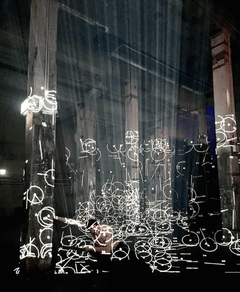 Installation view and performance of Alida Sun, Stellaraum (2022) at Kraftwerk Berlin with dancer Gyorgy Jellinek. Courtesy of the artist