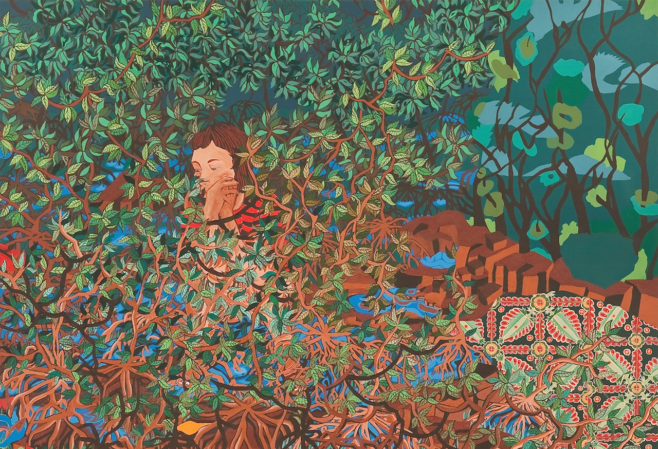 A painting by Rizzolli: a girl half hidden among dense branches and leaves beside a patterned tile panel