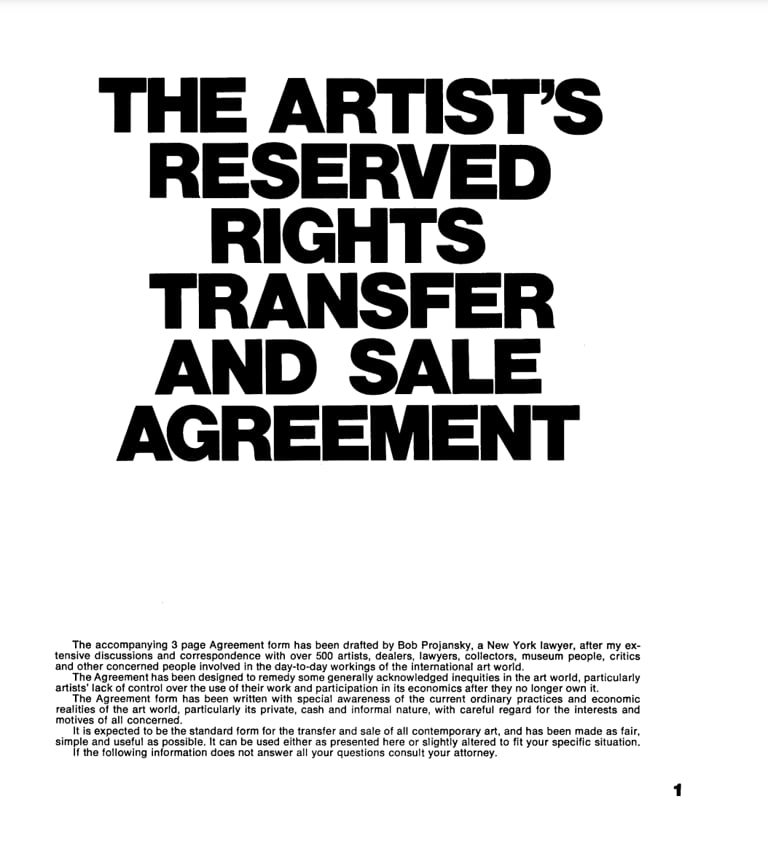Seth Siegelaub and Robert Projansky, The Artist’s Reserved RIghts Transfer and Sale Agreement, 1971. Courtesy of Primary Information