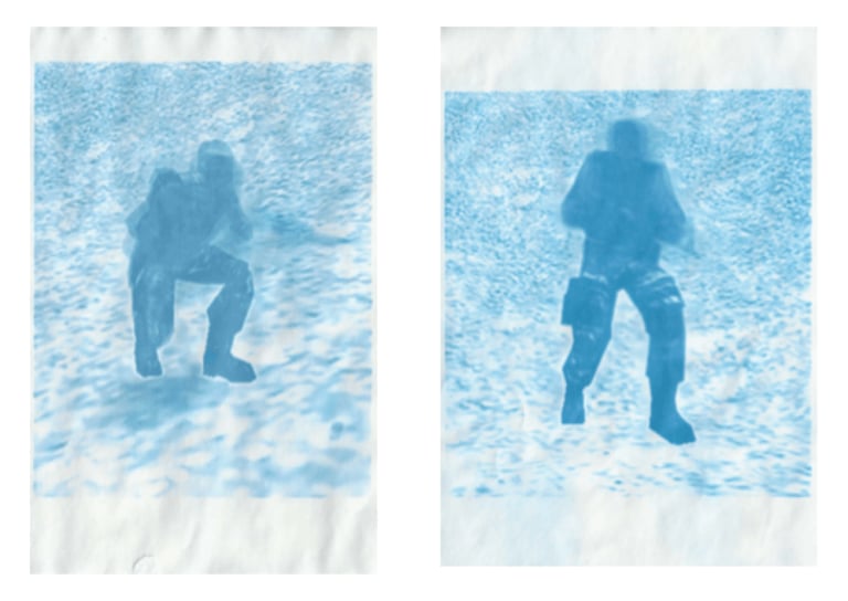Robbie Barrat, Cyanotypes of Counterstrike: In-game gesture of knifing (left) and In-game gesture of reloading (right), 2022. Courtesy of the artist