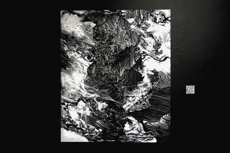 Jakob Dwight, Memetic Intensity, 2021. Digital collages and acrylic on canvas, and NFT .JPG file. Photography by Jeff Mclane. Courtesy of Honor Fraser Gallery, Los Angeles.