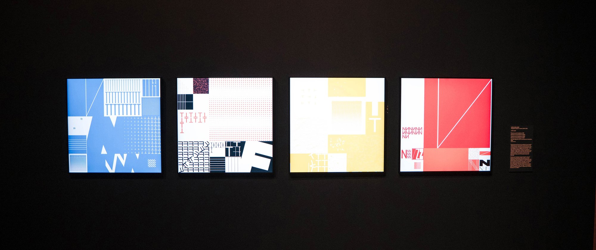 Credit: Courtesy of SWATCH Studios 2025. "Infinite Images: The Art of Algorithms" at Toledo Museum of Art. Installation shot of works from Vera Molnár, Themes and Variations