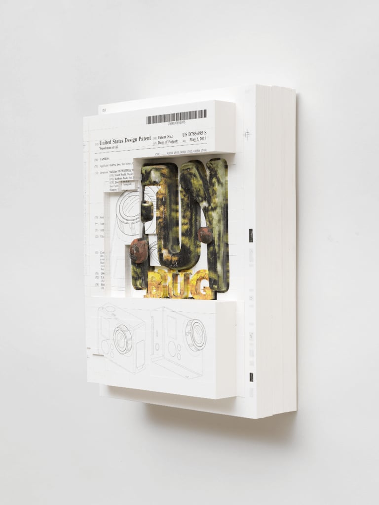 Simon Denny, Document Relief 34 (GoPro camera patent, funbug.com logo reimagined by Guile Twardowski), 2022. Photography by Nick Ash. Courtesy of the artist and Galerie Buchholz Berlin
