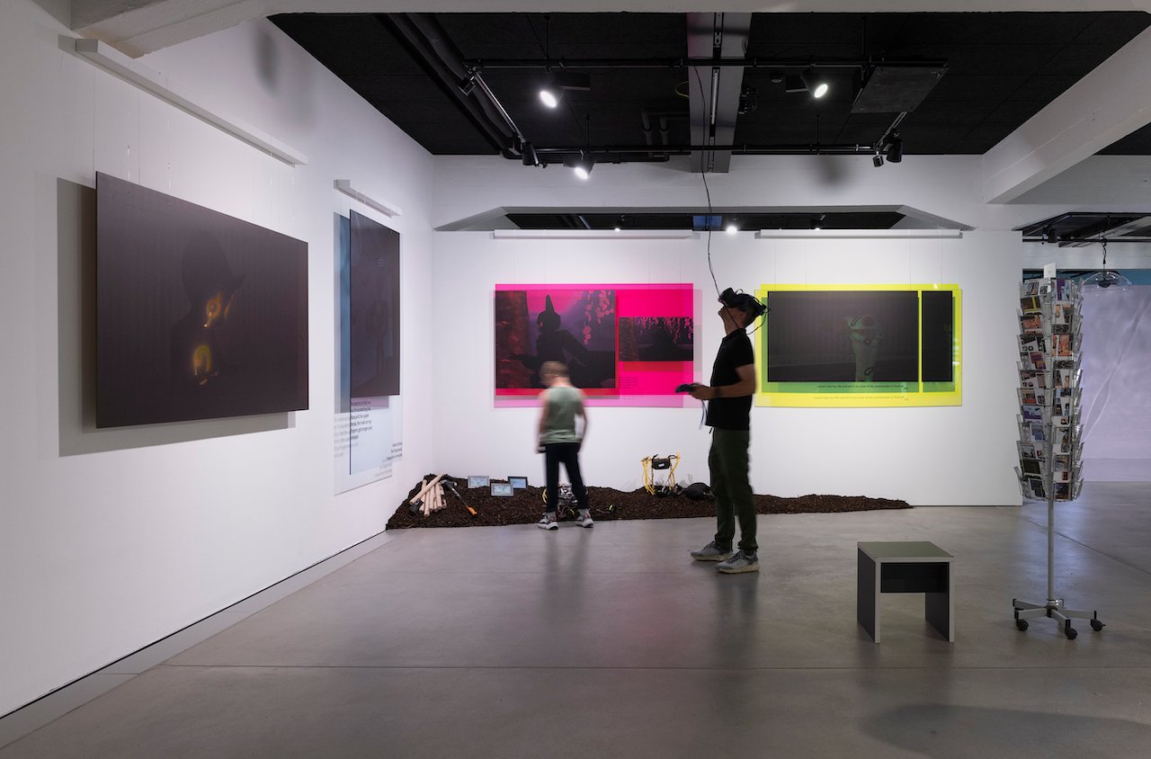 Installation view of “Collective Worldbuilding — Art in the Metaverse,” at HEK with works: Katharina Haverich, butternut babe (2022); bear claws, 2022, ... dreams about girls (2021-22); ... dreams about girls (2021-2022); Afro Dominatrix (2022); Soldier’s Day Dream (2022). Photography by Franz Wamhof. Courtesy of HEK Basel