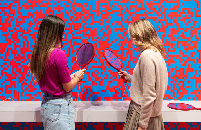 Installation view of Random distribution of squares (1963) by François Morellet and Double Mirror (1966) by Julio Le Parc at “Electric Dreams,” Tate Modern, 2024. Photo © Tate (Lucy Green)