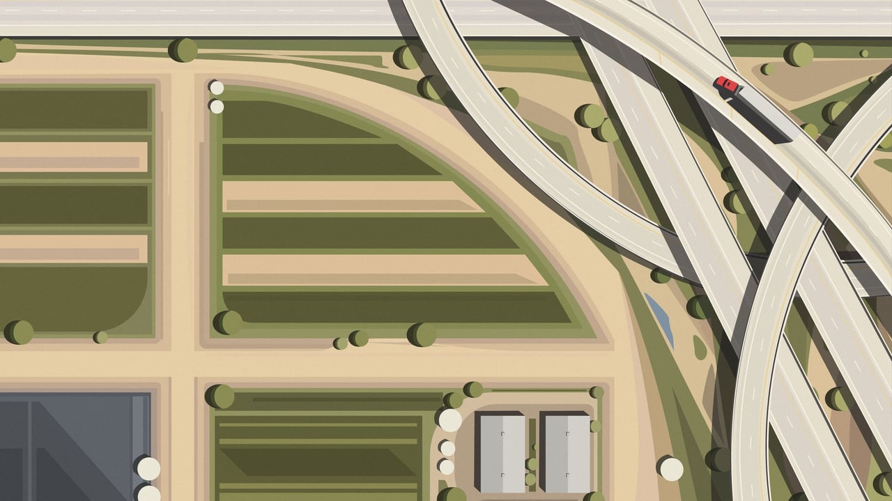 Detail of En Route, curving highway ramps seen from above over green fields