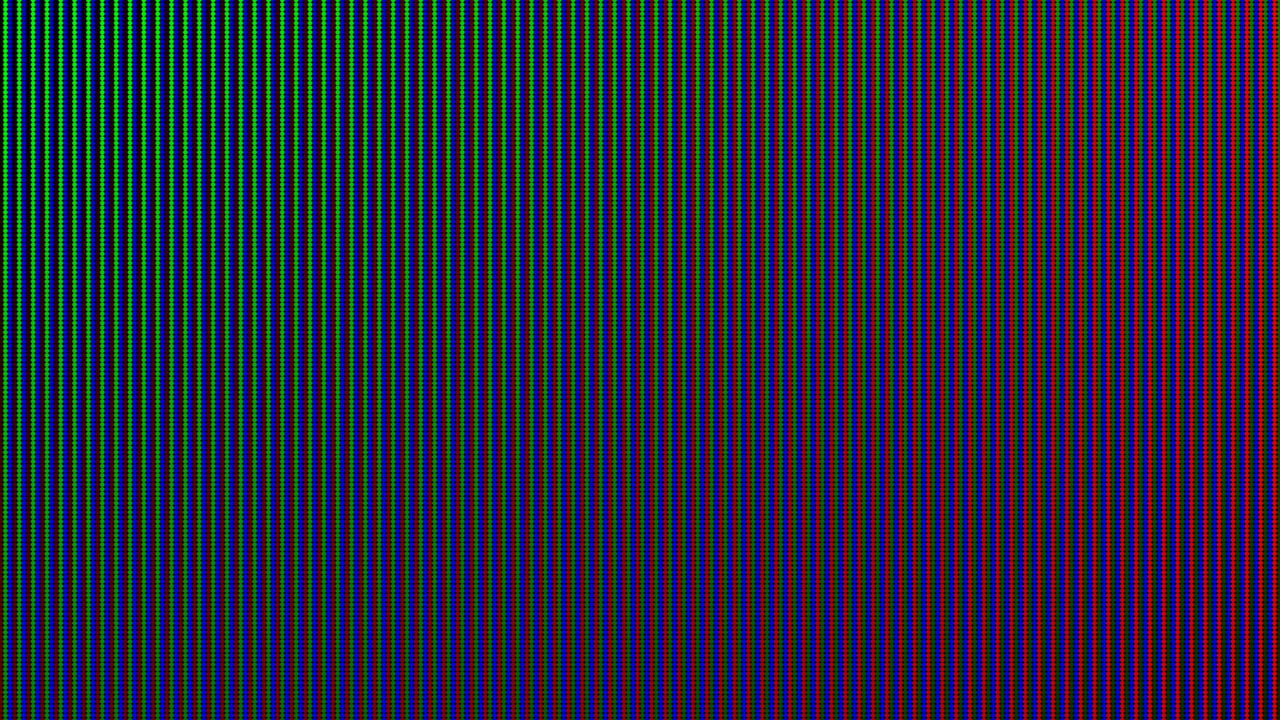 A test output of Davis's LED: fine vertical stripes of green, blue and red light