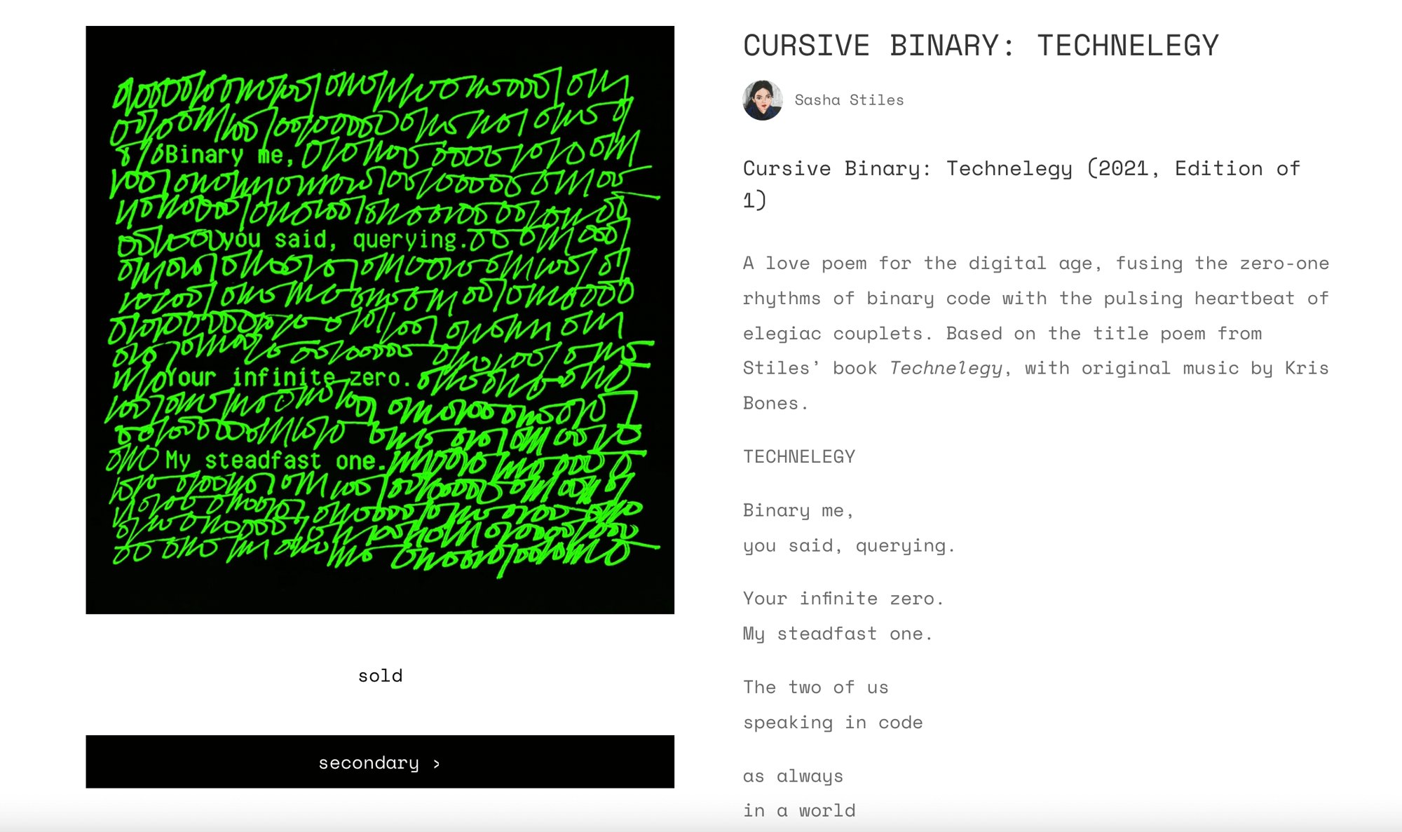 Sasha Stiles, Cursive Binary: Legacy, 2021. Courtesy of the artist