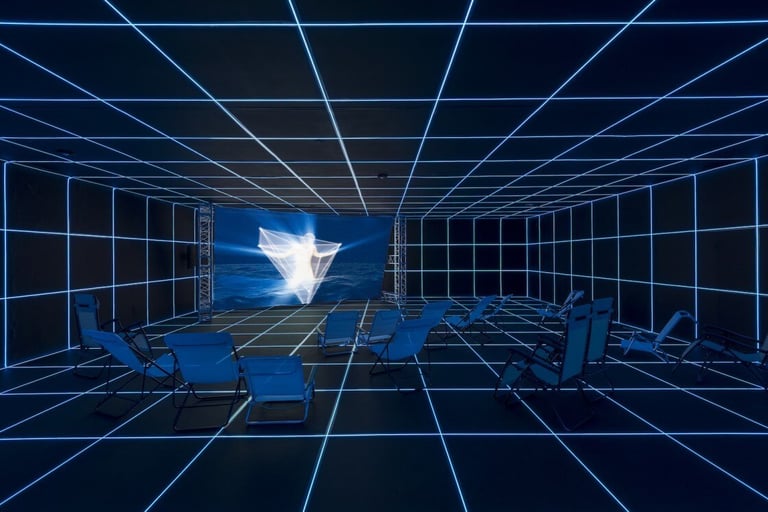 Installation view of “Hito Steyerl: Factory of the Sun” at MOCA Grand Avenue, 2016. Photography by Justin Lubliner and Carter Seddon. Courtesy of The Museum of Contemporary Art, Los Angeles