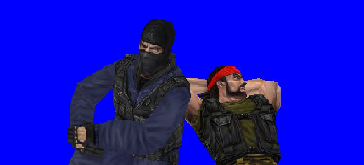 Two Counter-Strike characters, a masked soldier and one in a red bandana, on a blue background