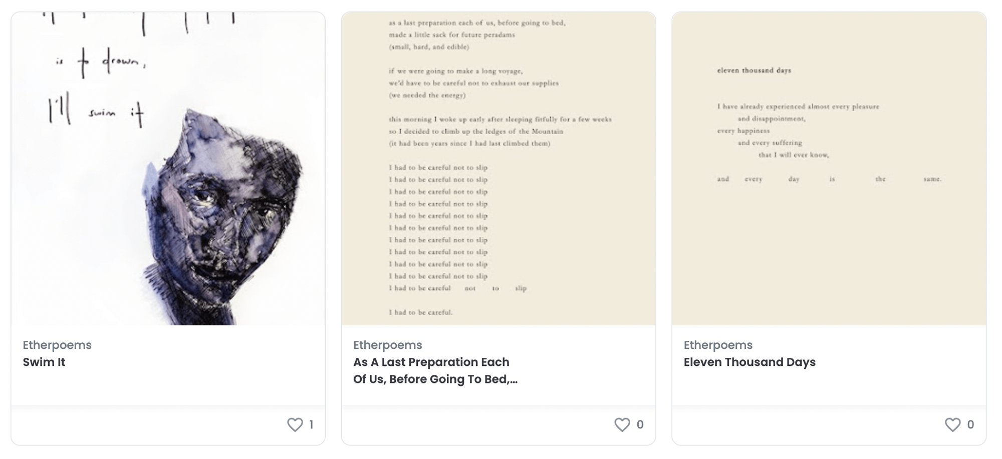 Etherpoems: Breanna Faye, Swim it; Aurèce Vettier, As A Last Preparation Each Of Us, Before Going To Bed, Made A Little Sack For Future Peradams; Aurèce Vettier, Eleven Thousand Days, All works 2021. Courtesy of the artists