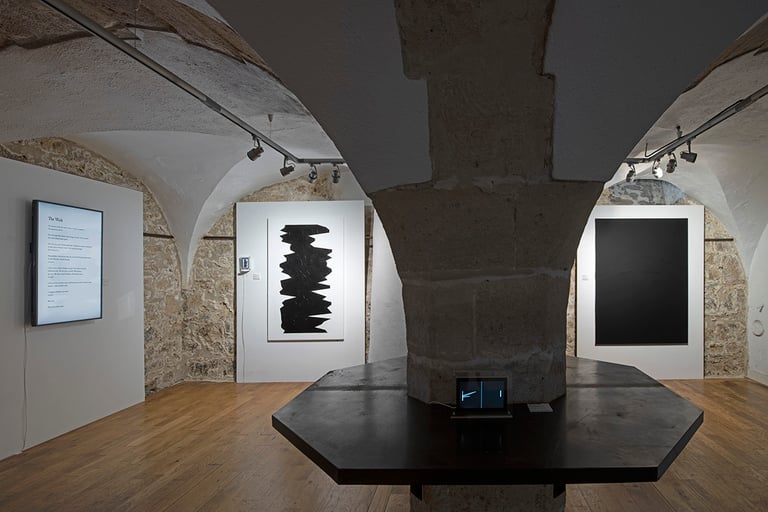 Installation view of “POÈME SBJKT” with works: The Wish by Ana María Caballero, W-A-R Zone by Kalen Iwamoto, and the light that is not seen (landscape) by aurèce vettier. Photography by Jean Louis Losi. Courtesy of the artists