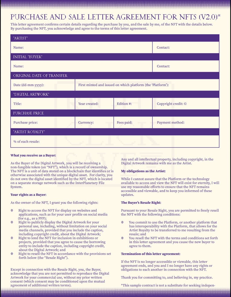 Yayoi Shionoiri and Ryan Su, Purchase and Sale Letter Agreement for NFTs (v2.0), 2022. RIGHT CLICK AND SAVE!
