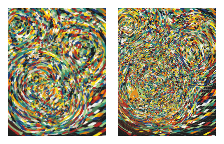 Marcelo Soria-Rodriguez, Entretiempos #674, 2022. In its original state (left) and with paint imprecision removed (right)