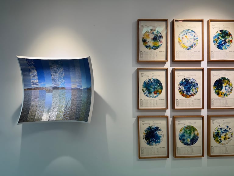 Works in the collection of Tony Lyu. From left: Hudson River: Fire Sky by Ryan and Trevor Oakes (2025) and Kismet futures (37-48) (2022) by Gala Porras-Kim. Courtesy of Tony Lyu