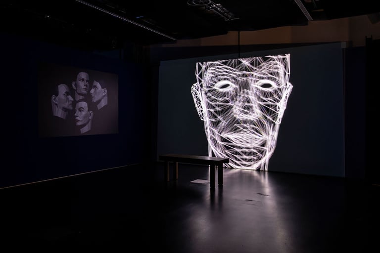 Installation view of Rebecca Allen, “A Tangle of Mind & Matter,” including Musique Non Stop, 1986. Courtesy of The School of Digital Arts
