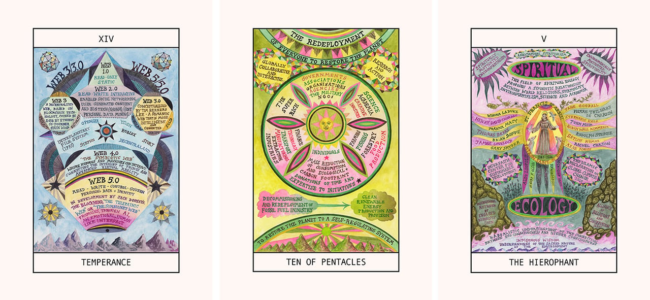 Suzanne Treister, HEXEN 5.0 Tarot, 2023-24. Watercolor on paper / digital prints / published box set. Courtesy of the artist, Annely Juda Fine Art, London, and P.P.O.W. Gallery, New York